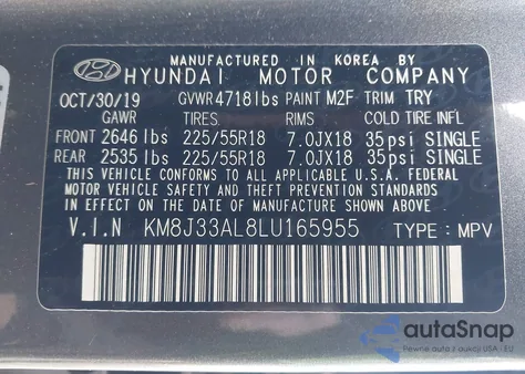 2020 Hyundai Tucson Limited z USA, uszkodzony, nr VIN KM8J33AL8LU165955